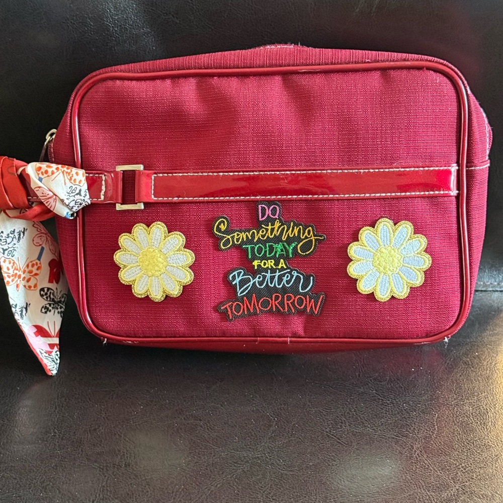 Embroidered Red Women's cosmetic or anything Bag up cycled